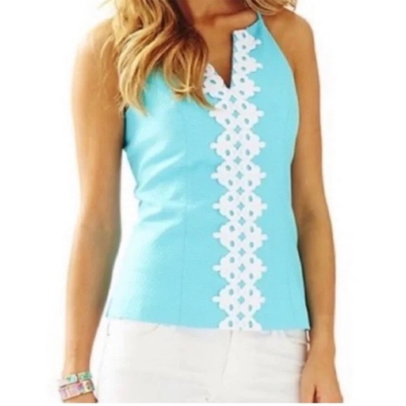 Lilly Pulitzer Magnolia Breakwater Blue w White Embroidery Top. Size 2 - Picture 1 of 7